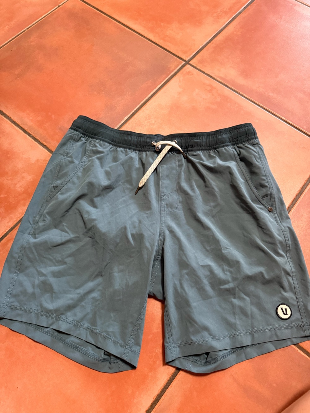 Vuori men’s Drawstring Shorts in Slate Gray with Black Waistband